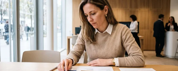 Une femme dans la trentaine compare différentes cartes bancaires disposées sur une table dans un environnement bancaire moderne.