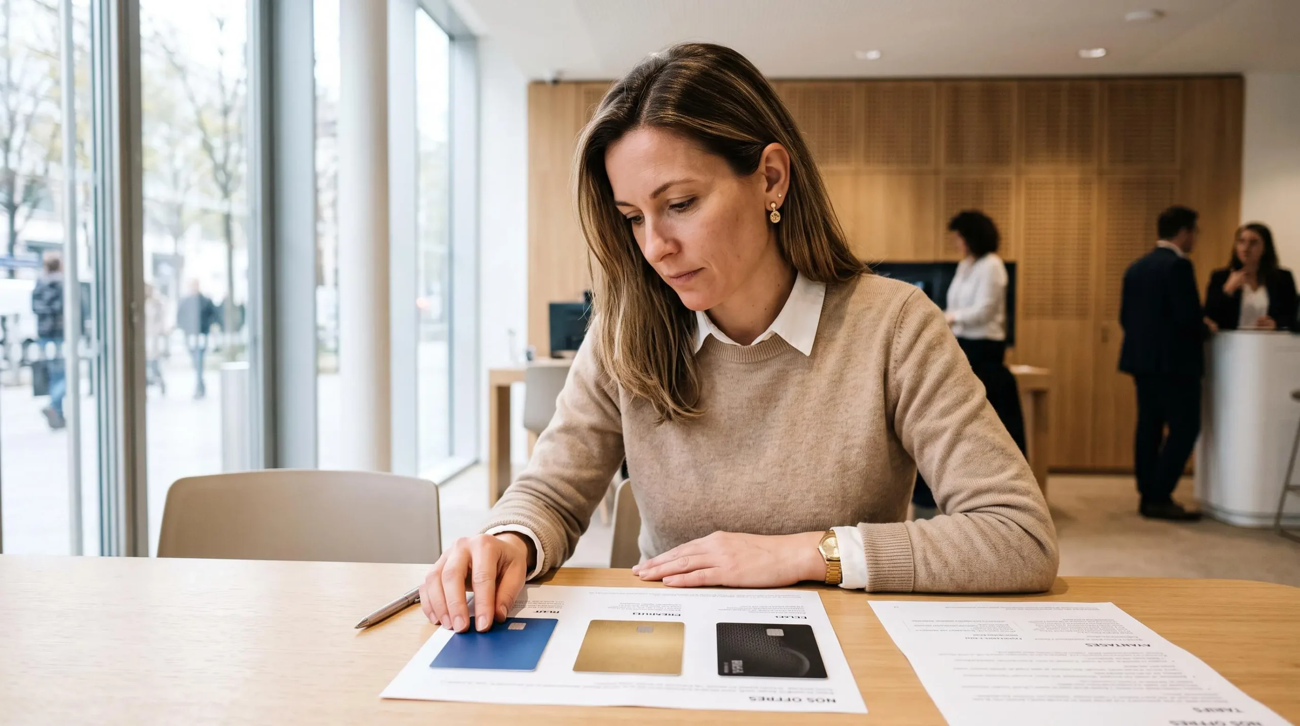 Une femme dans la trentaine compare différentes cartes bancaires disposées sur une table dans un environnement bancaire moderne.