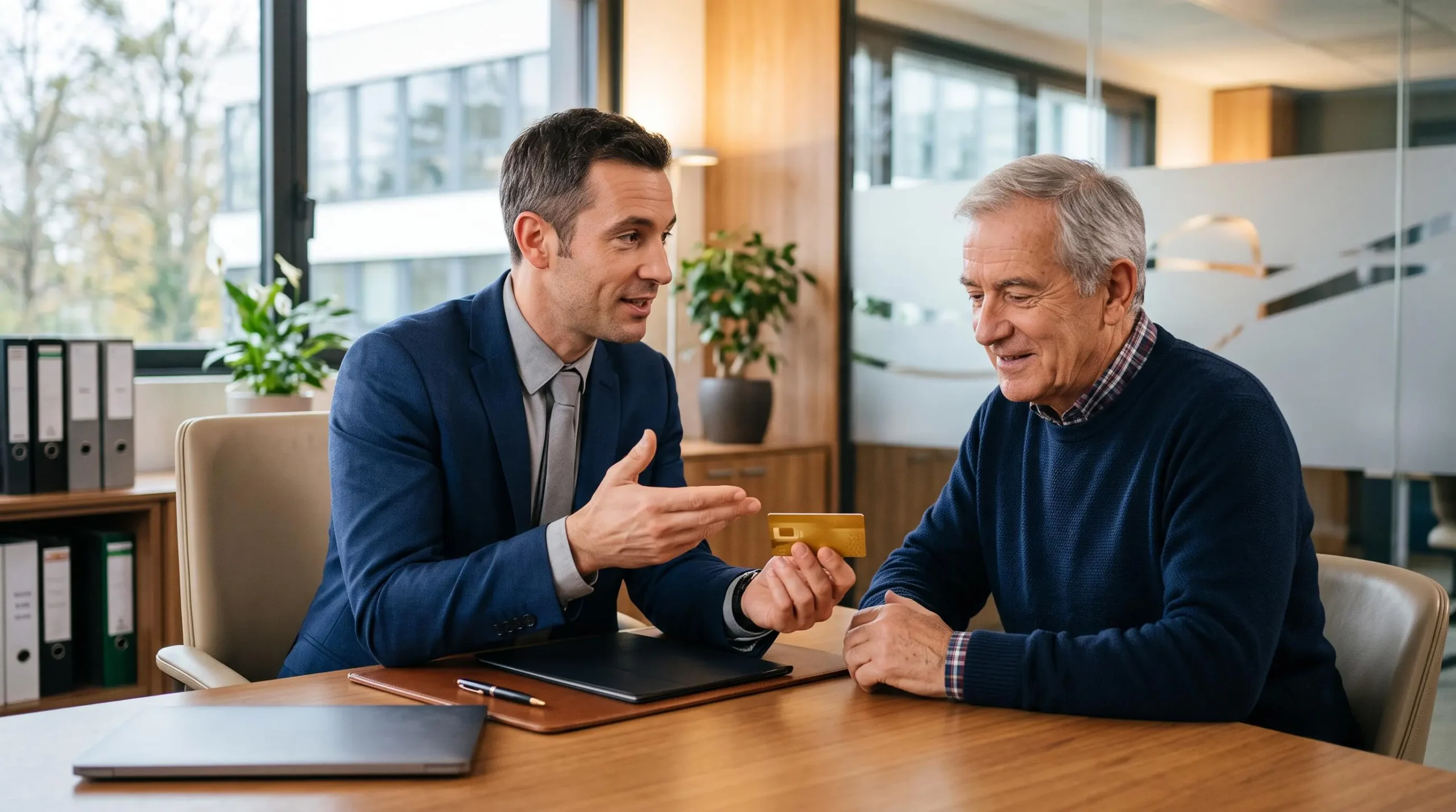 Un conseiller bancaire présente une carte bancaire premium dorée à un client senior lors d'un entretien personnalisé dans un bureau moderne.