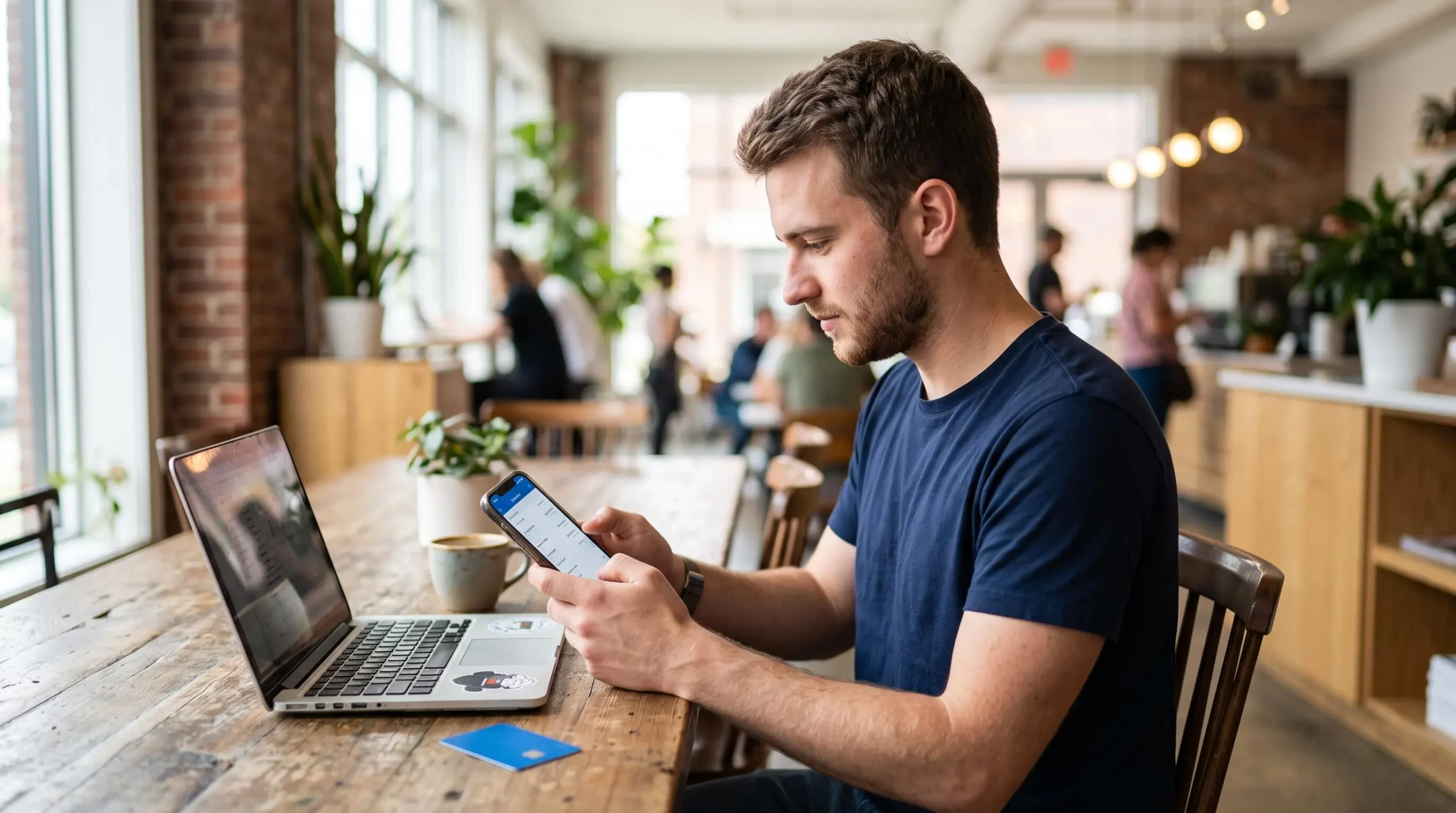 Un jeune homme consulte une application bancaire mobile sur son smartphone dans un café moderne, avec sa carte bancaire posée sur la table.